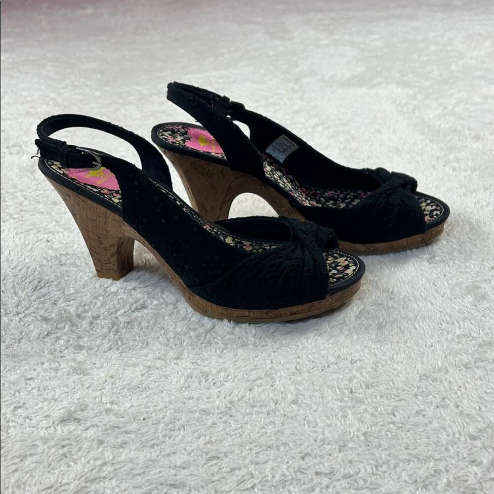 Rocket Dog black eyelet peep toe sling back cork heel sandals, size 7